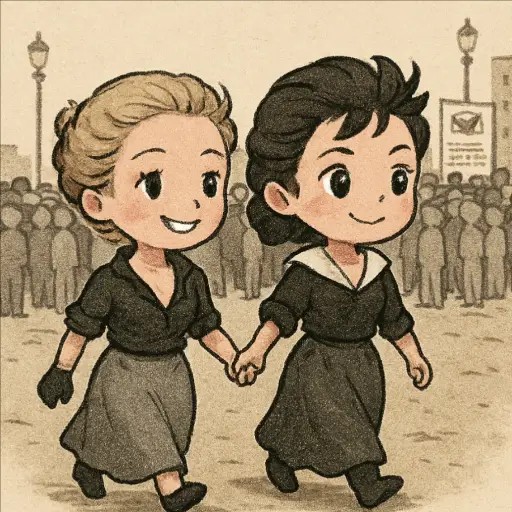 Ficha: Dos mujeres cogidas de la mano en el desfile de despedida de las Brigadas Internacionales en Barcelona